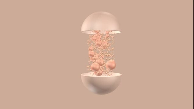 3d animation. The round capsule opens, inside there are many small particles. Cosmetic molecule or drug.