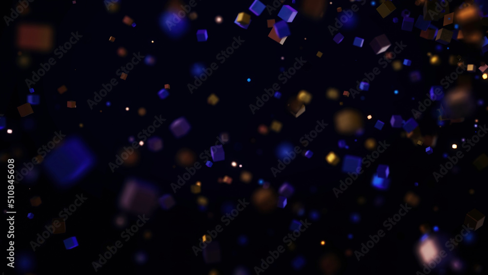 Aufkleber Cubic particles forming line on black background. Animation. Cubes of different sizes are connected in single line. Stream of cubic particles entwined in line