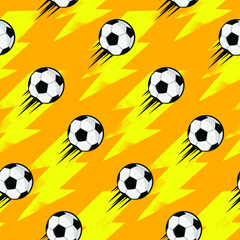 Seamless pattern with soccer ball, urban geometric elements and power motion trails. Grunge neon texture background. Football sport. 