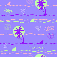 Hawaii seamless pattern vector illustrations. Palm trees, shark, waves, time to travel, summer time