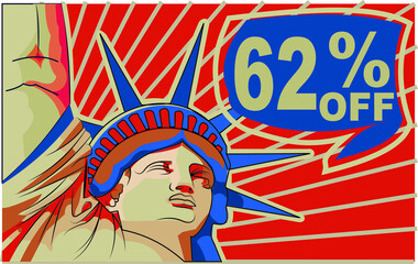 62 % percent promotion red blue discount statue of liberty 4th july holiday independence day 