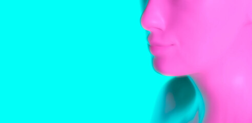 Woman little smile in virtual reality - close up of 3d generated young female face on pink and blue color background