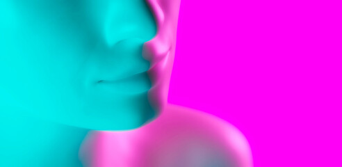 Woman face profile in metaverse - close up of 3d generated young female on pink and blue color background