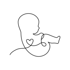 Line art logotype. Linear newborn. Baby in the womb with umbilical cord. Stylish logo for a prenatal or reproductive clinic, pregnancy brochure, surrogacy agency