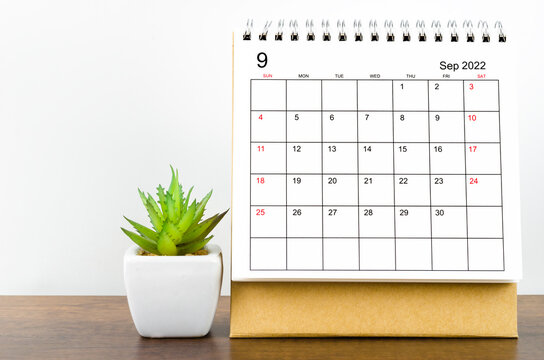 September 2022 desk calendar with plant on wooden table.