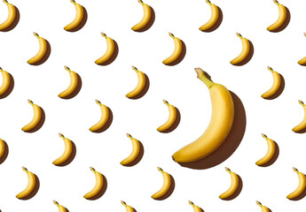 Texture of bananas on a white background, one large banana, a pattern of bananas