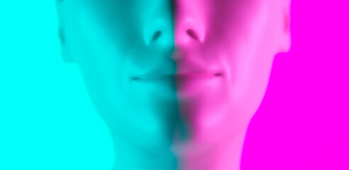 Woman little smile in metaverse - symmetrical close up of 3d generated young female face on pink and blue color background - 510847092