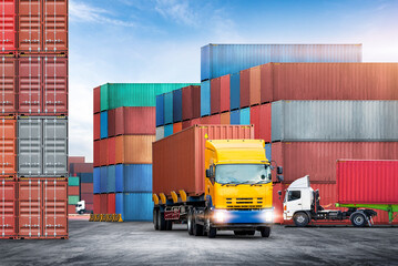 Transport of container truck at shipping depot dock yard background with stack colorful containers...