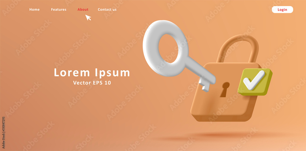 Poster web banner with security 3d isometric illustration of padlock with key