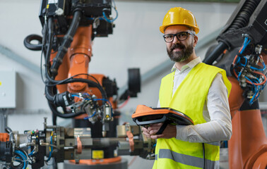 Fototapeta Automation engineer holding scanner in industrial in factory. obraz