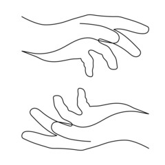 Hands one-line art, hand drawn continuous contour. Palms, drawing single line style, minimalist design. Editable stroke. Isolated. Vector illustration