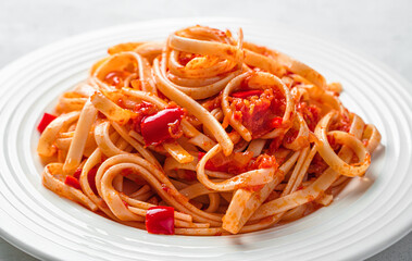 A portion of pasta with tomato sauce close-up. Italian food.