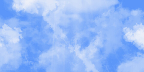 Blue skies with white clouds background. Romantic sky. Abstract nature background of romantic summer blue sky with fluffy clouds. Beautiful puffy clouds in bright blue sky in day sunlight.><