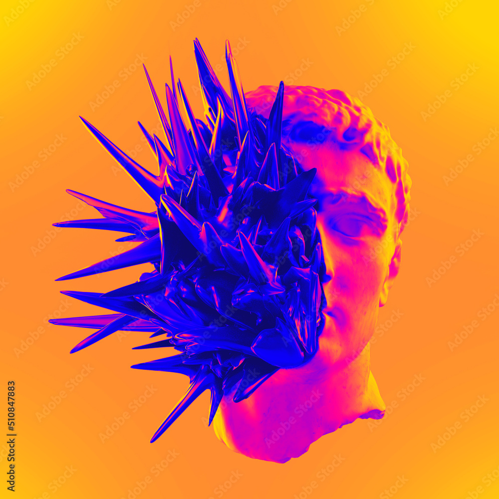 Poster abstract illustration from 3d rendering illustration of marble classical sculpture head with purple 