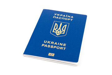 Fototapeta premium Ukrainian passport with a golden trident symbol on white background. Biometric Ukraine passport id empty place for photo or text.