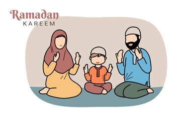 Ramadan kareem. Family praying concept on Ramadan or celebrating Eid mubarak. Islamic kids Book Illustration, Landing page templates, Banners, Social media.
