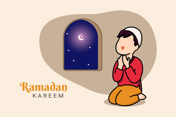 Ramadan kareem. Kid pray on Ramadan or celebrating Eid mubarak. Islamic kids Book Illustration, Landing page templates, Banners, Social media.