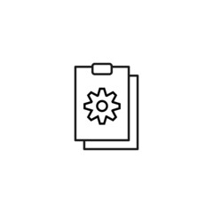Document, office, contract and agreement concept. Monochrome vector sign drawn in flat style. Vector line icon of cogwheel or gear on clipboard