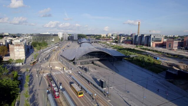 Ł&oacute;dź city on a sunny day. Characteristic places, buildings and streets. Piotrkowska Street from the bird's eye view.