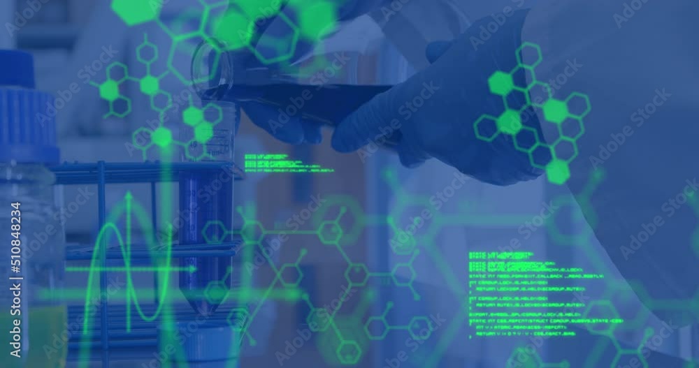 Poster animation of science data processing over scientist in laboratory