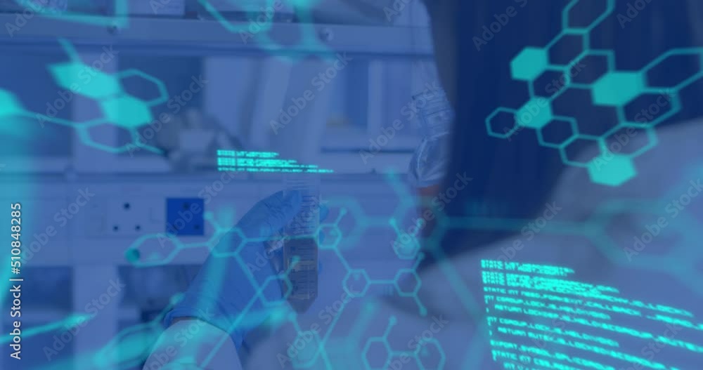 Poster animation of science data processing over scientist in laboratory