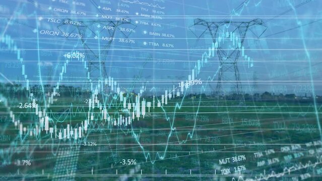 Animation of financial graph and data over electricity poles and landscape