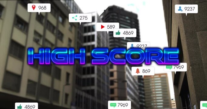 Animation of high score and social media reactions over cityscape