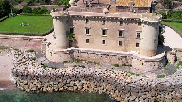  aerial scenic view of medieval castle on the beach a Ladispoli - Castello Palo Odescalchi. Lazio region, Italy