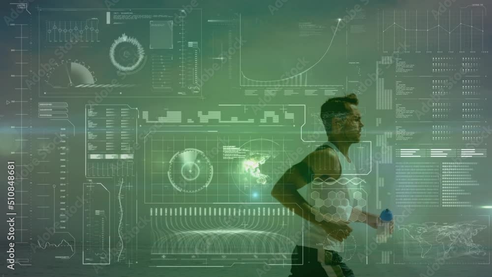 Poster animation of data processing over caucasian man running on beach