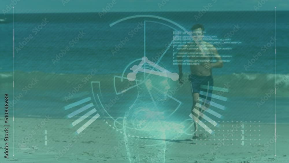 Poster animation of data processing over caucasian man running on beach