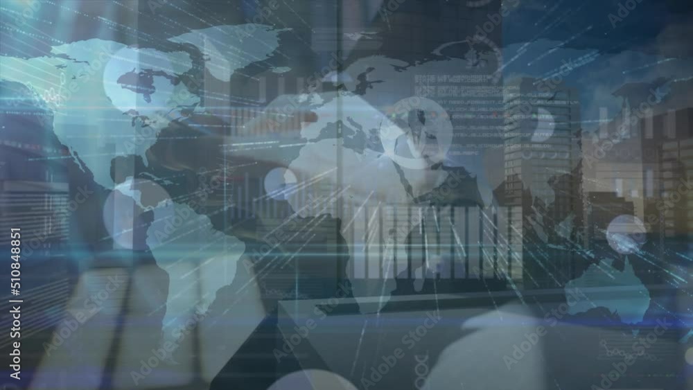 Poster animation of data processing over cityscape