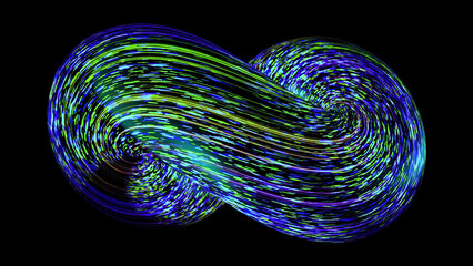 Abstract 3D spiral with neon moving lines on black background. Animation. Multicolored looped spiral with moving neon lines. Volumetric closed spiral with fast luminous lines