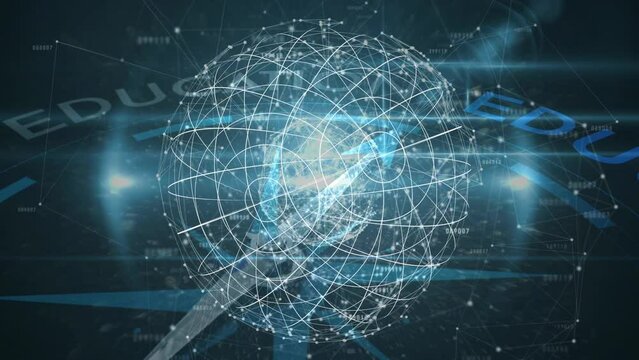 Animation of network of connections with globe and compass on black background