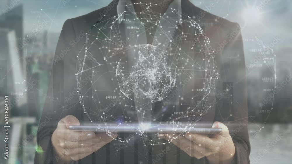 Aufkleber animation of data processing over caucasian businesswoman using tablet