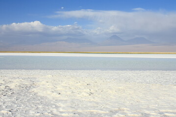 Fototapeta na wymiar Salt flat at Salar de Atacama in Chile with Licancabur volcano background