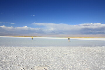 Salt flat at Salar de Atacama in Chile with Licancabur volcano background