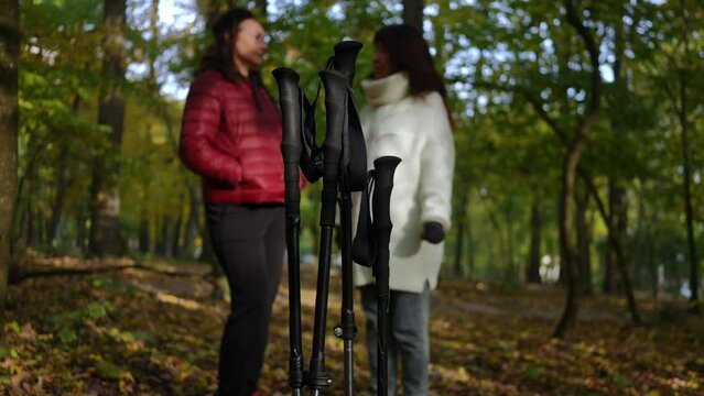Close-up poles for nordic walking in forest with blurred mature women talking at background. Confident Caucasian friends chatting sharing rumors standing in autumn park outdoors on training break