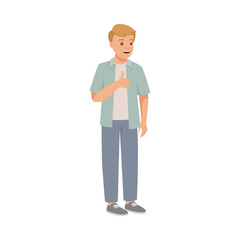 Man Character in Casual Jeans and Shirt Standing and Showing Thumb Up Vector Illustration