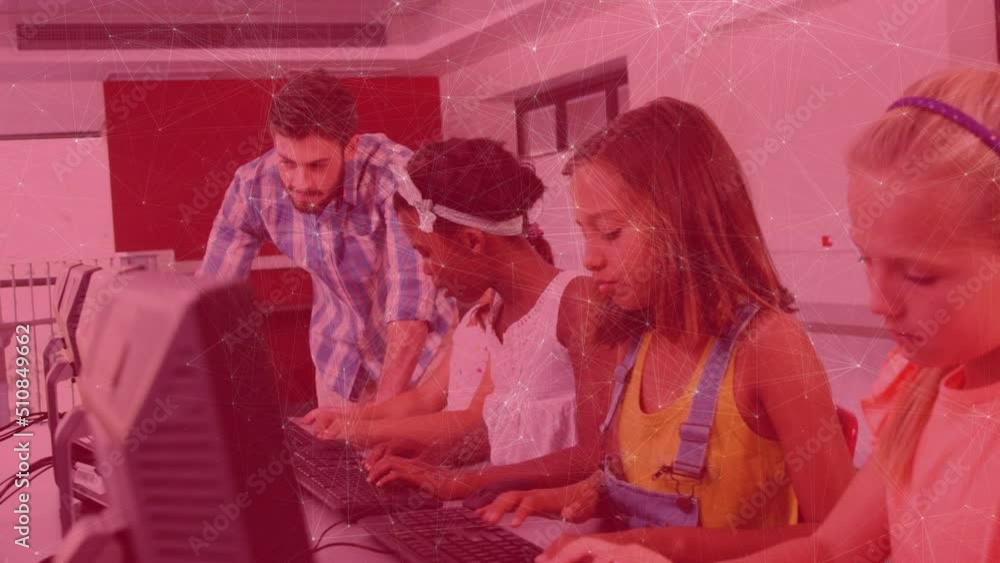 Poster animation of network of connections over diverse schoolchildren using computers