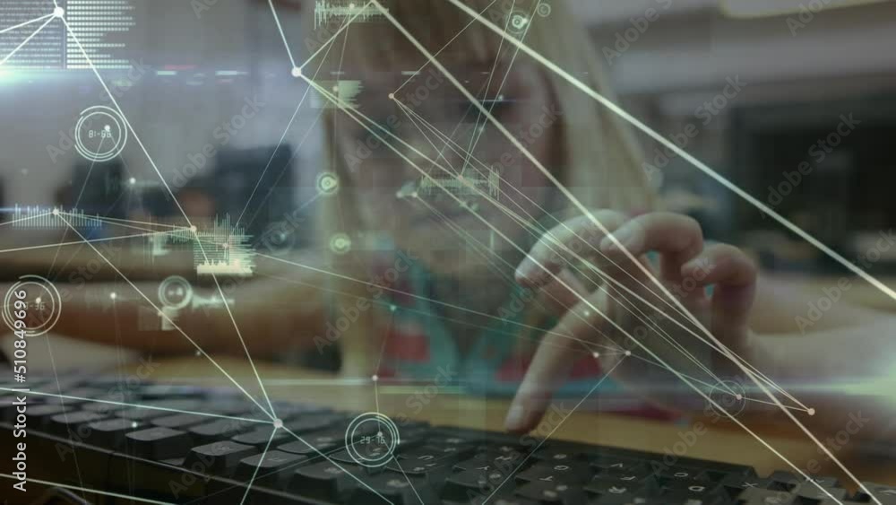Aufkleber animation of network of connections over caucasian schoolgirl using computer in classroom