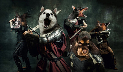 Fight, battle. Creative art collage with brutal serious medieval warriors or knights war clothes...