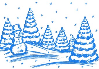 A snowman and Christmas trees stand under falling snowflakes