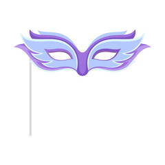 Carnival Mask with Feather with Pole as Accessory for Festive Party Celebration Vector Illustration