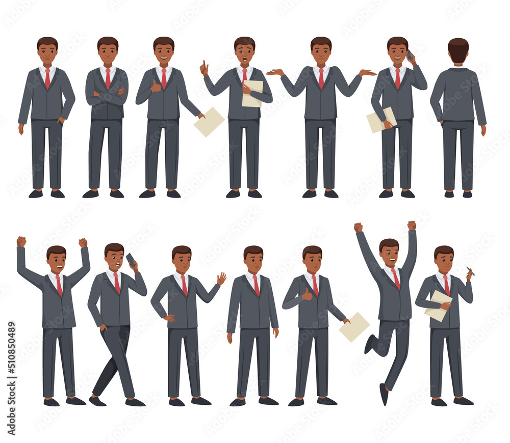 Poster office man character in suit and red tie in different pose vector set