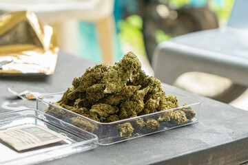 Marijuana and Cannabis Buds. Medical marijuana flower. Weed buds. Cannabis strain.
