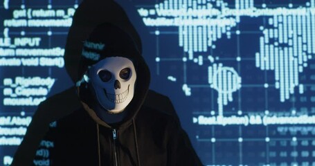 A man in a mask on his face and a black jacket sits against the background of information graphics, leans his body forward - Powered by Adobe