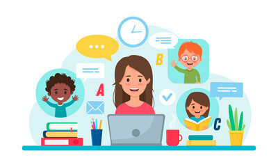  Study at home, online test, distance learning concept.Teacher teaches children online. 
Online learning.Flat style.