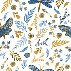 Floral seamless pattern with butterflies and different flowers