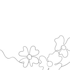 Floral silhouette art line. Flowers in continuous line drawing style. Border with tropical flower. Minimalist black linear sketch. Trendy vector illustration isolated. Contour graphics for design
