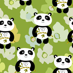 Obraz premium Seamless pattern with cute panda baby on color background. Funny asian animals. Card, postcards for kids. Flat vector illustration for fabric, textile, wallpaper, poster, gift wrapping paper